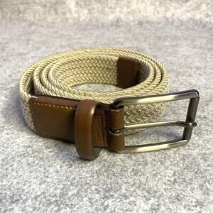 Classic Woven Mens Belt With Leather Stitched Ends Size XL 42/44, Beige/Dk Brown
